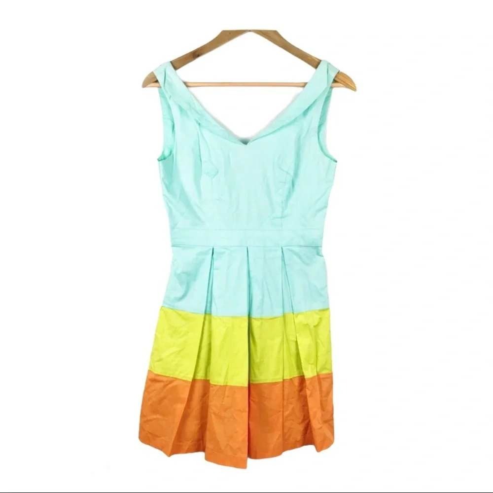 Minuet Dress Women Small Mint Green Yellow Orange Colorblock Fit and Flare Retro